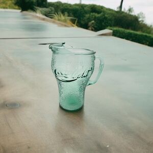 Coca Cola Pitcher 64 oz Fluted Ice Spout Vintage 70s Green Heavy Pebbled Glass